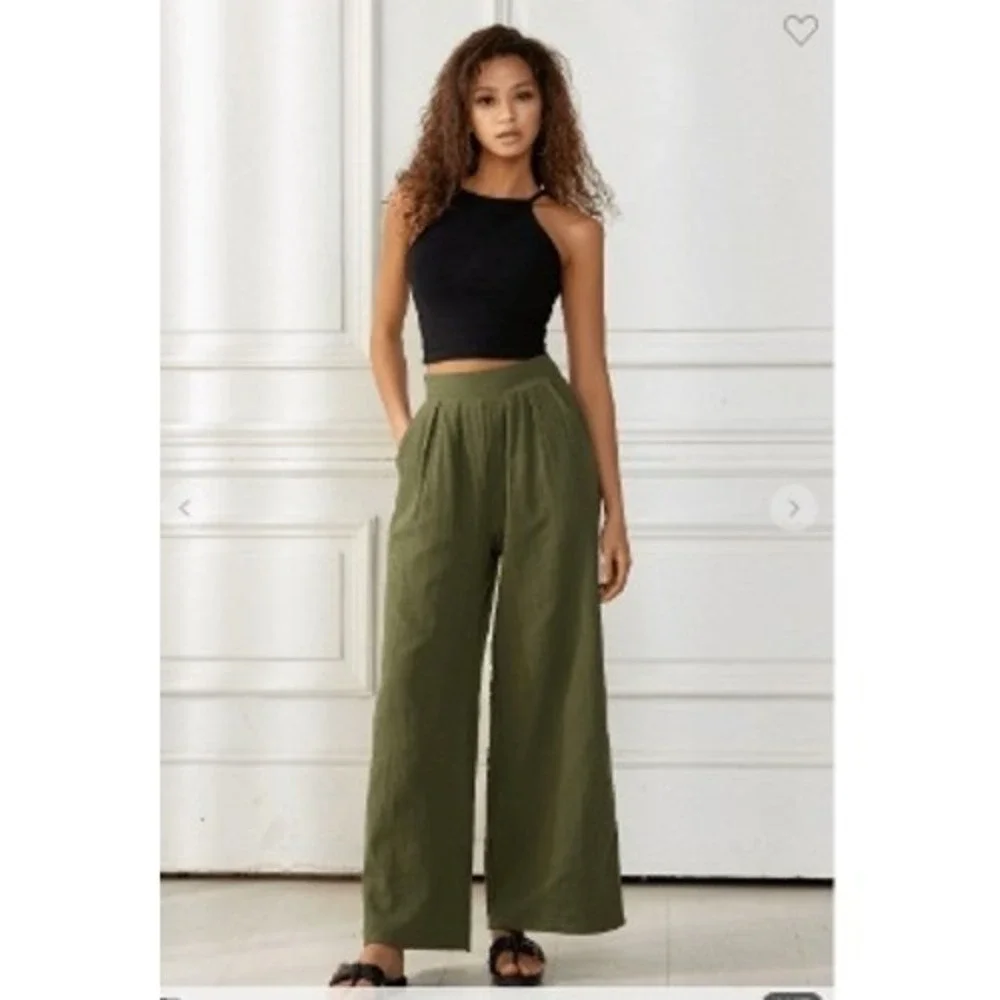 NOFLICK NWT Olive 100% Cotton‎ Wide Leg Smocked Waist Relaxed Flowy Pants M